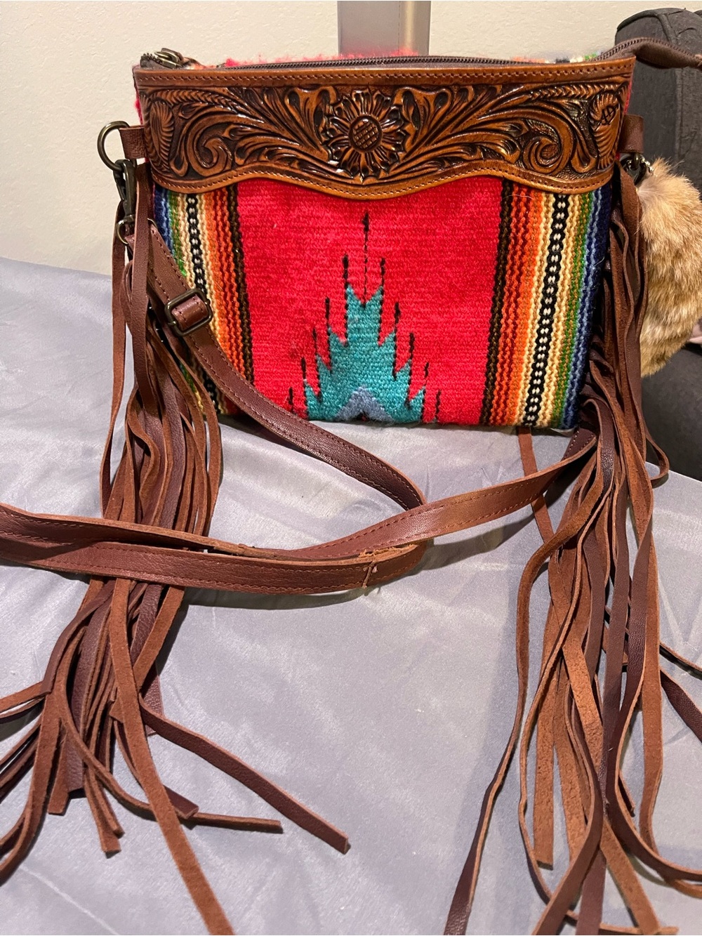 American Darling Purse Tooled Leather Wool Crossbody Fringe Western Aztec Native